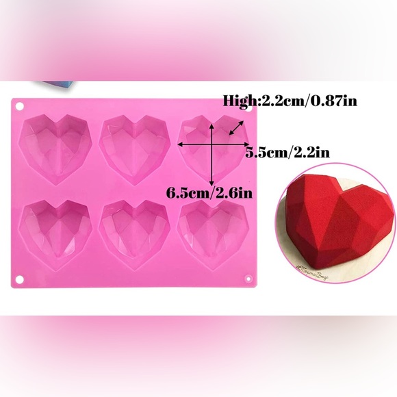 2 Pc-6 Cavity Geometric Heart Silicone Mold, Baking, Handmade Soap, Candy - Picture 2 of 8